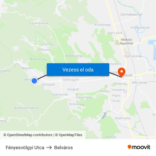 Fényesvölgyi Utca to Belváros map