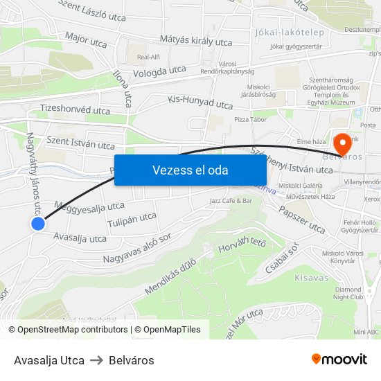 Avasalja Utca to Belváros map