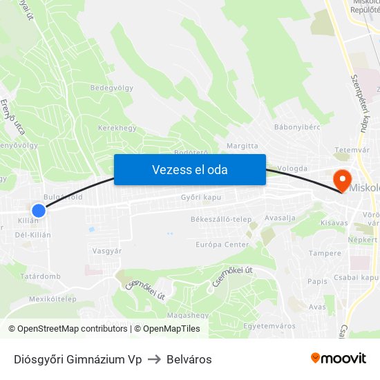 Diósgyőri Gimnázium Vp to Belváros map