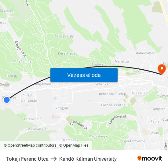 Tokaji Ferenc Utca to Kandó Kálmán University map