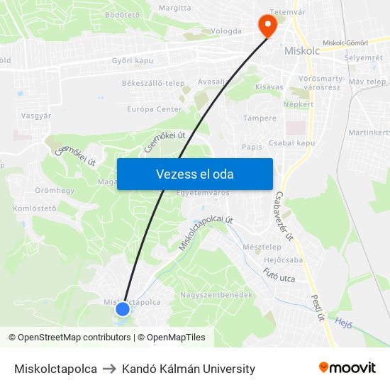 Miskolctapolca to Kandó Kálmán University map