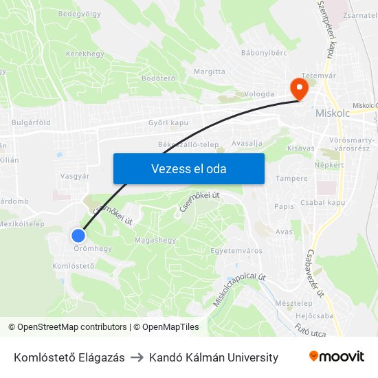 Komlóstető Elágazás to Kandó Kálmán University map