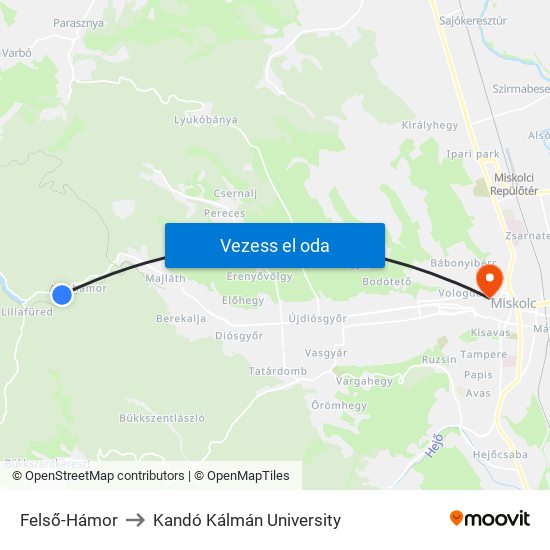 Felső-Hámor to Kandó Kálmán University map