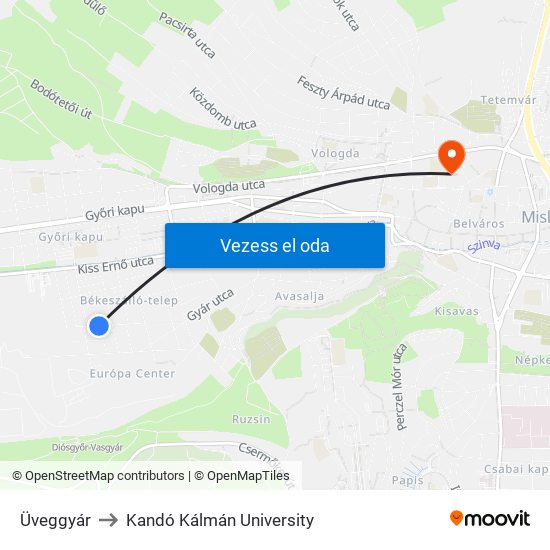 Üveggyár to Kandó Kálmán University map