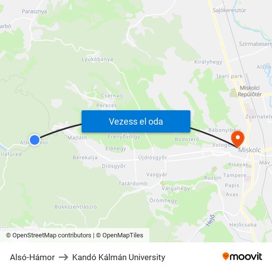 Alsó-Hámor to Kandó Kálmán University map