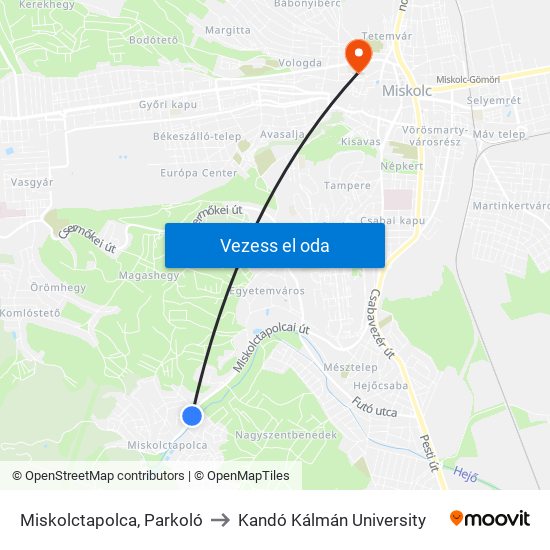 Miskolctapolca, Parkoló to Kandó Kálmán University map