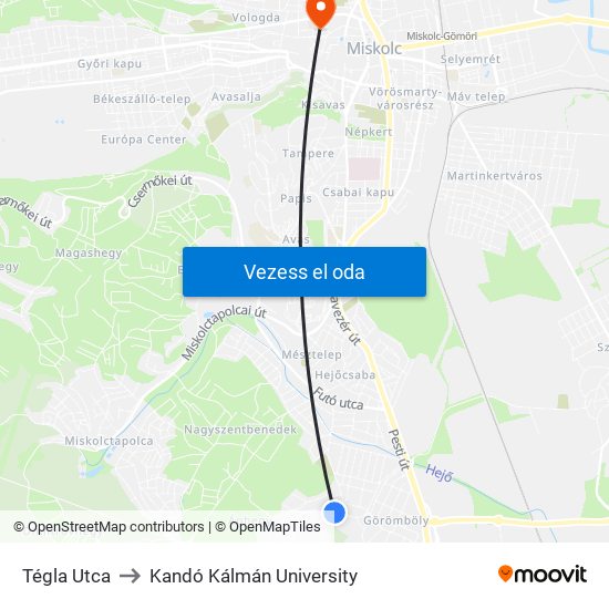 Tégla Utca to Kandó Kálmán University map