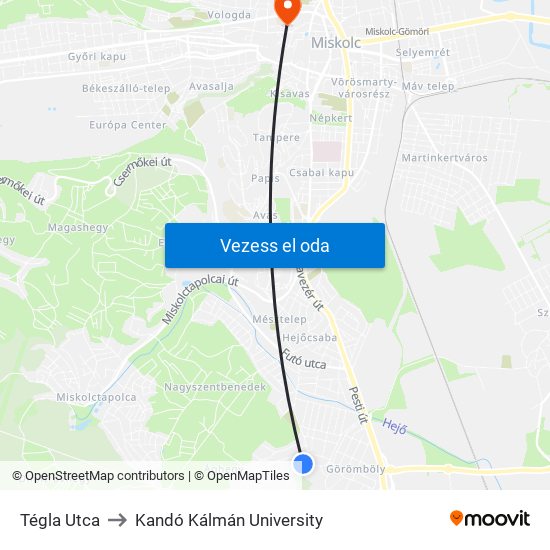 Tégla Utca to Kandó Kálmán University map