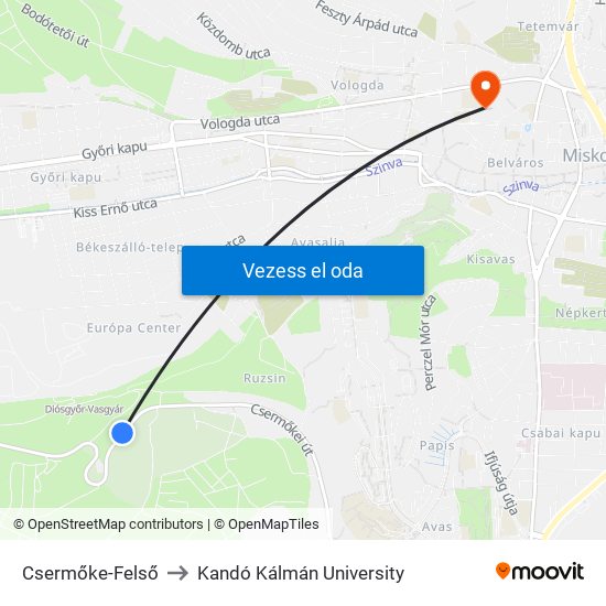 Csermőke-Felső to Kandó Kálmán University map