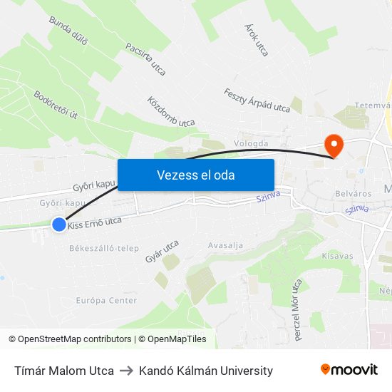 Tímár Malom Utca to Kandó Kálmán University map