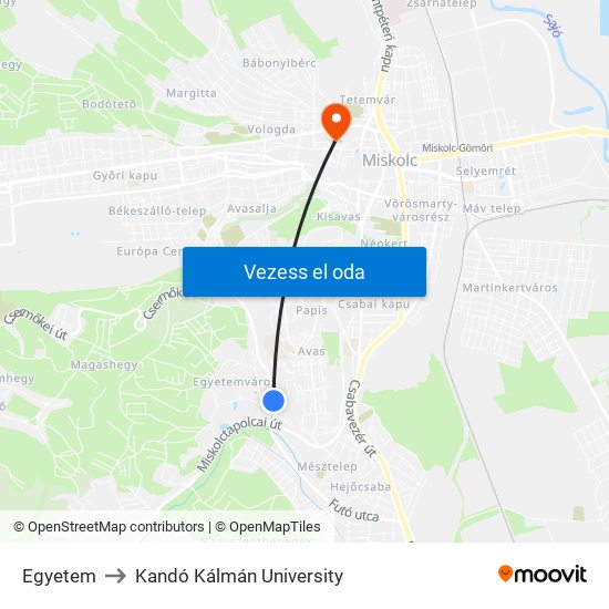 Egyetem to Kandó Kálmán University map