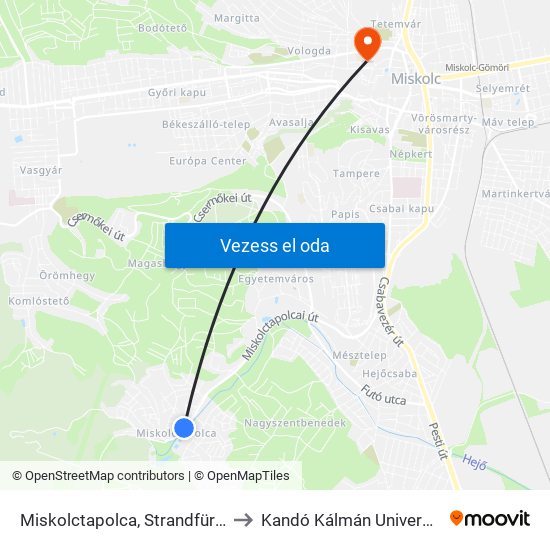 Miskolctapolca, Strandfürdő to Kandó Kálmán University map