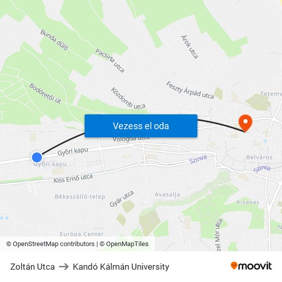 Zoltán Utca to Kandó Kálmán University map