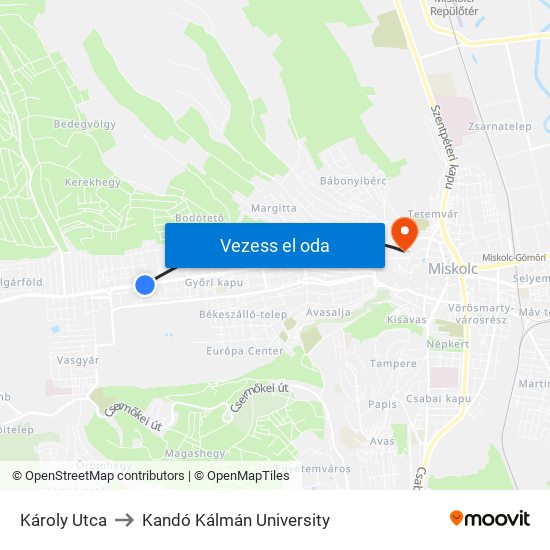 Károly Utca to Kandó Kálmán University map