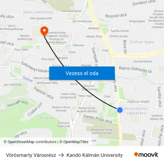 Vörösmarty Városrész to Kandó Kálmán University map