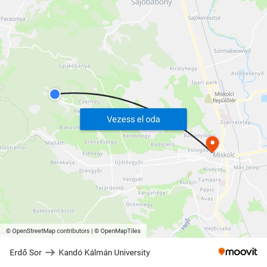 Erdő Sor to Kandó Kálmán University map