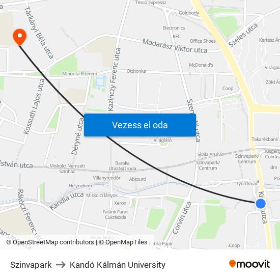 Szinvapark to Kandó Kálmán University map