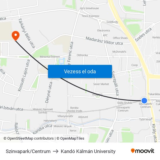 Szinvapark/Centrum to Kandó Kálmán University map