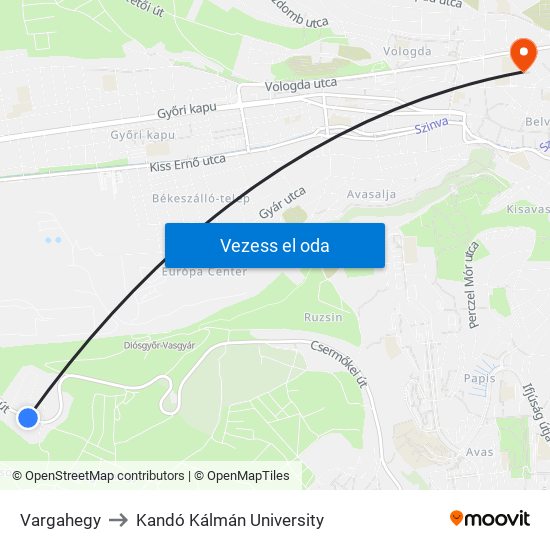 Vargahegy to Kandó Kálmán University map