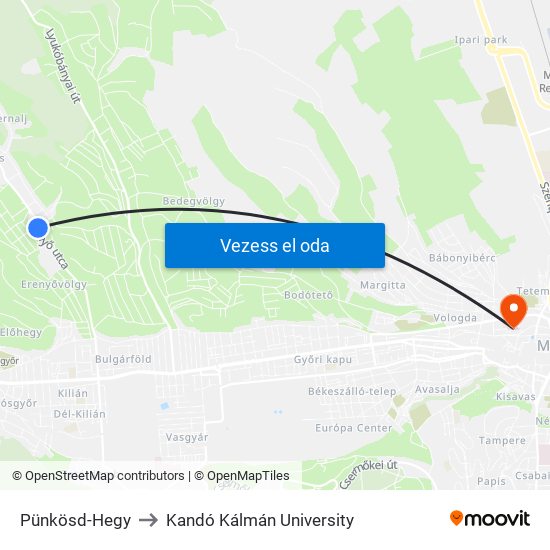 Pünkösd-Hegy to Kandó Kálmán University map