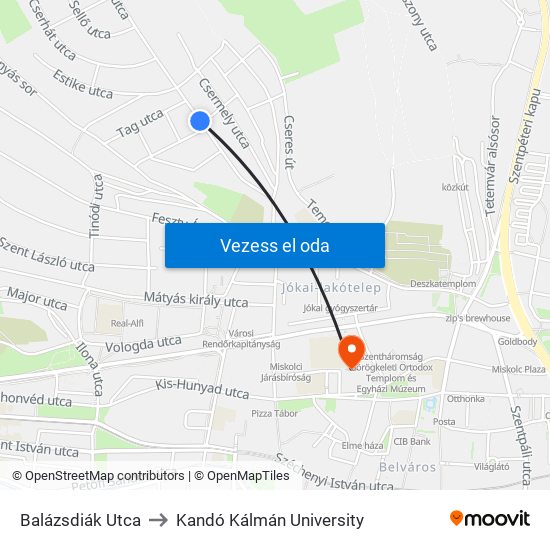 Balázsdiák Utca to Kandó Kálmán University map