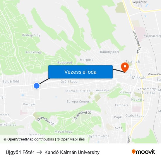 Újgyőri Főtér to Kandó Kálmán University map