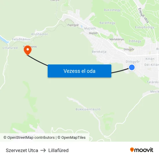 Szervezet Utca to Lillafüred map