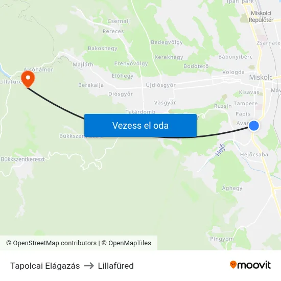 Tapolcai Elágazás to Lillafüred map