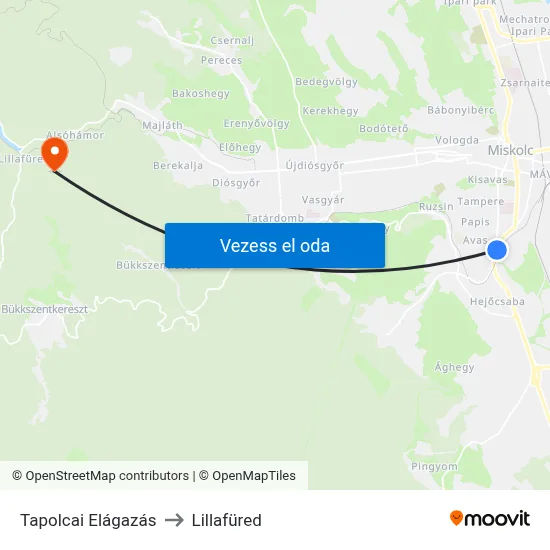 Tapolcai Elágazás to Lillafüred map