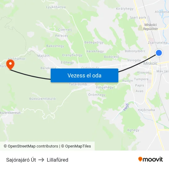 Sajórajáró Út to Lillafüred map