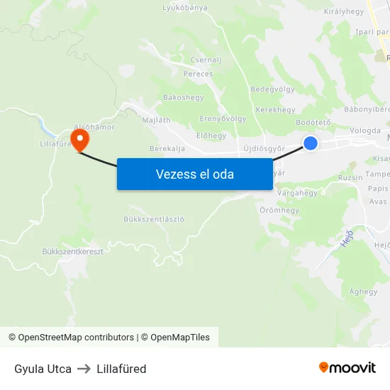 Gyula Utca to Lillafüred map