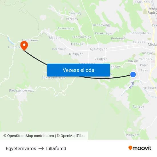 Egyetemváros to Lillafüred map