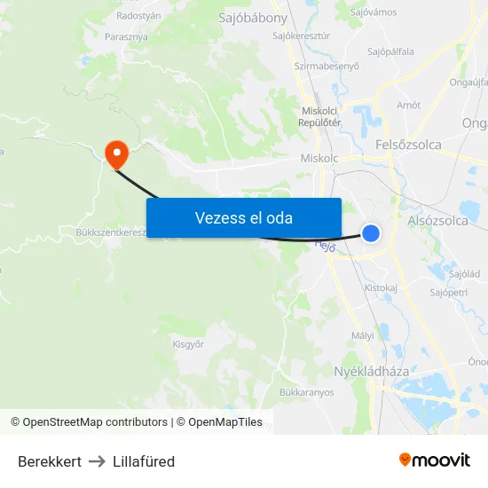 Berekkert to Lillafüred map