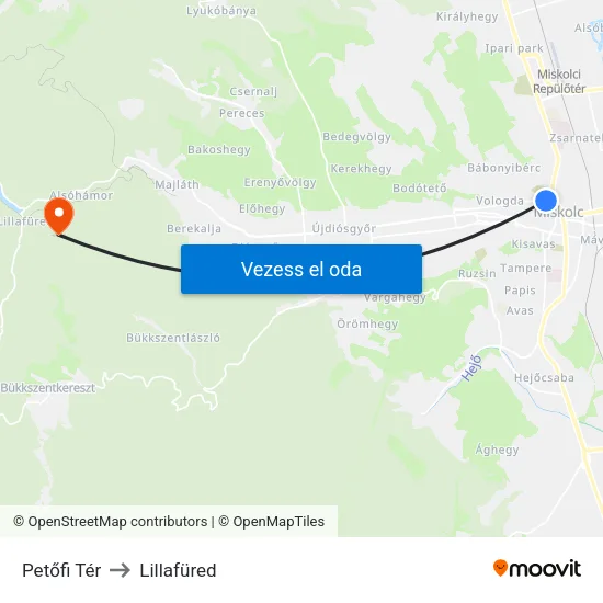 Petőfi Tér to Lillafüred map