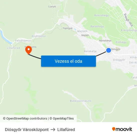 Diósgyőr Városközpont to Lillafüred map