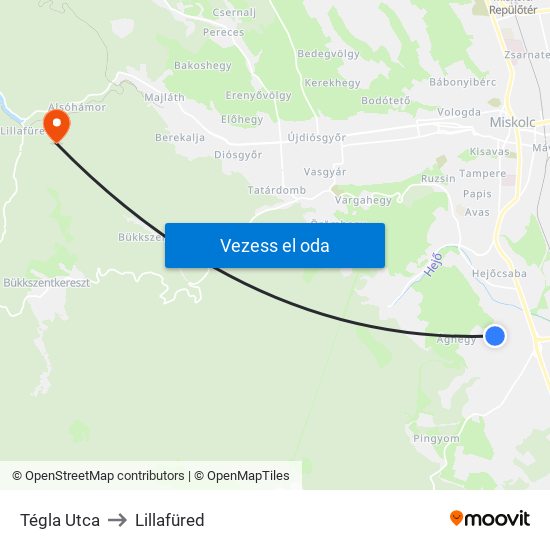 Tégla Utca to Lillafüred map