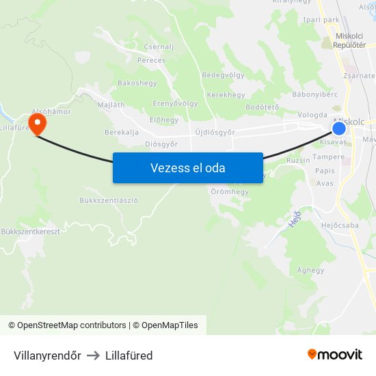 Villanyrendőr to Lillafüred map