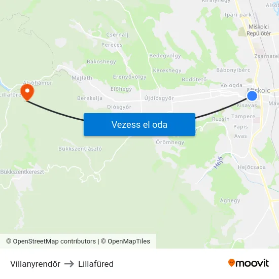 Villanyrendőr to Lillafüred map