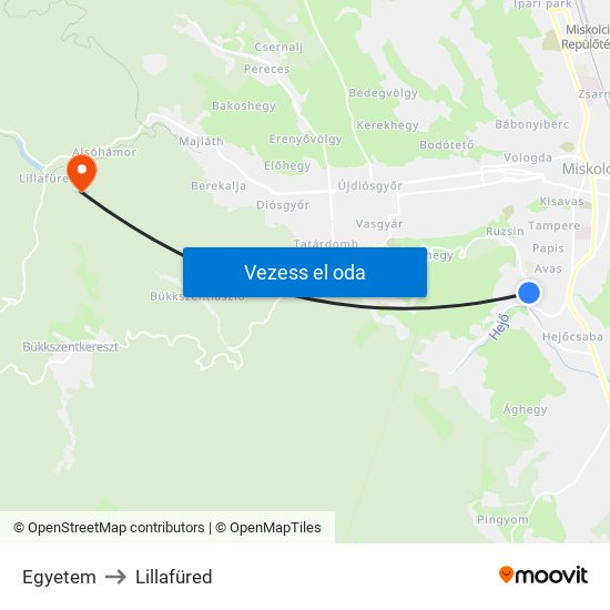 Egyetem to Lillafüred map