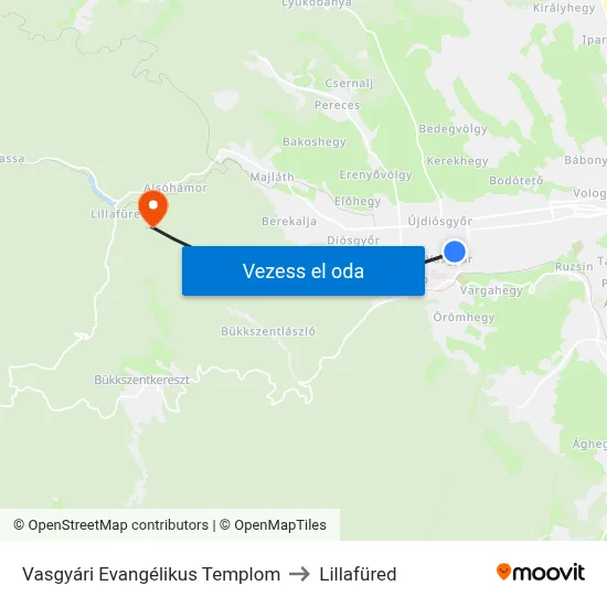 Vasgyári Evangélikus Templom to Lillafüred map