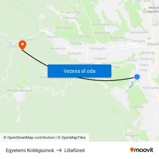 Egyetemi Kollégiumok to Lillafüred map