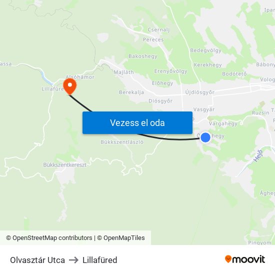 Olvasztár Utca to Lillafüred map