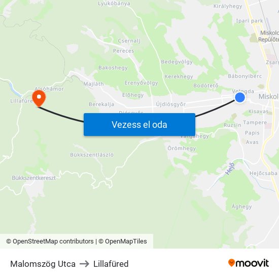 Malomszög Utca to Lillafüred map