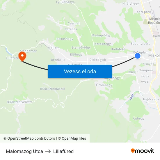 Malomszög Utca to Lillafüred map