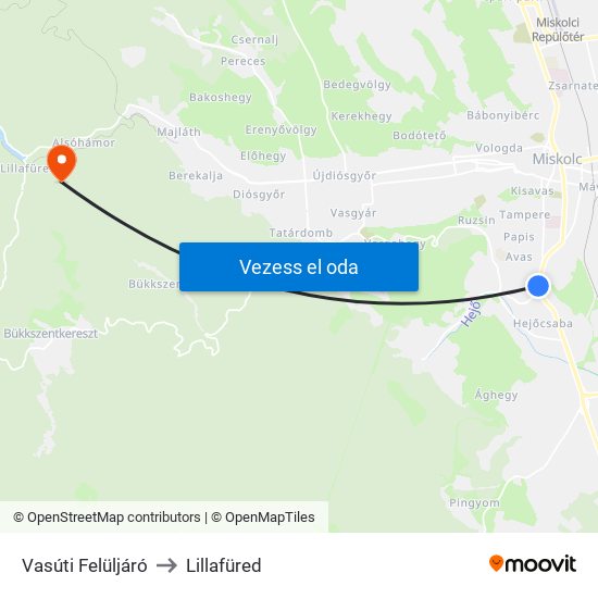 Vasúti Felüljáró to Lillafüred map