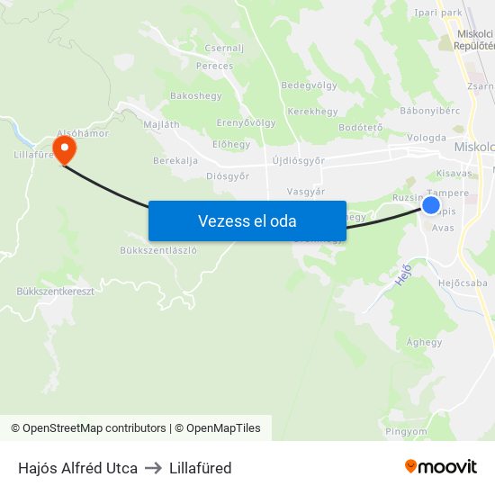 Hajós Alfréd Utca to Lillafüred map