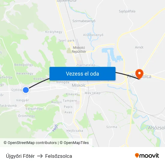 Újgyőri Főtér to Felsőzsolca map