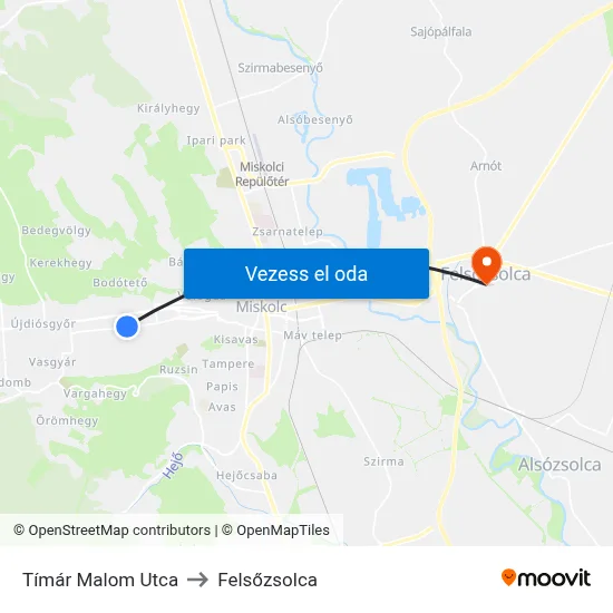 Tímár Malom Utca to Felsőzsolca map
