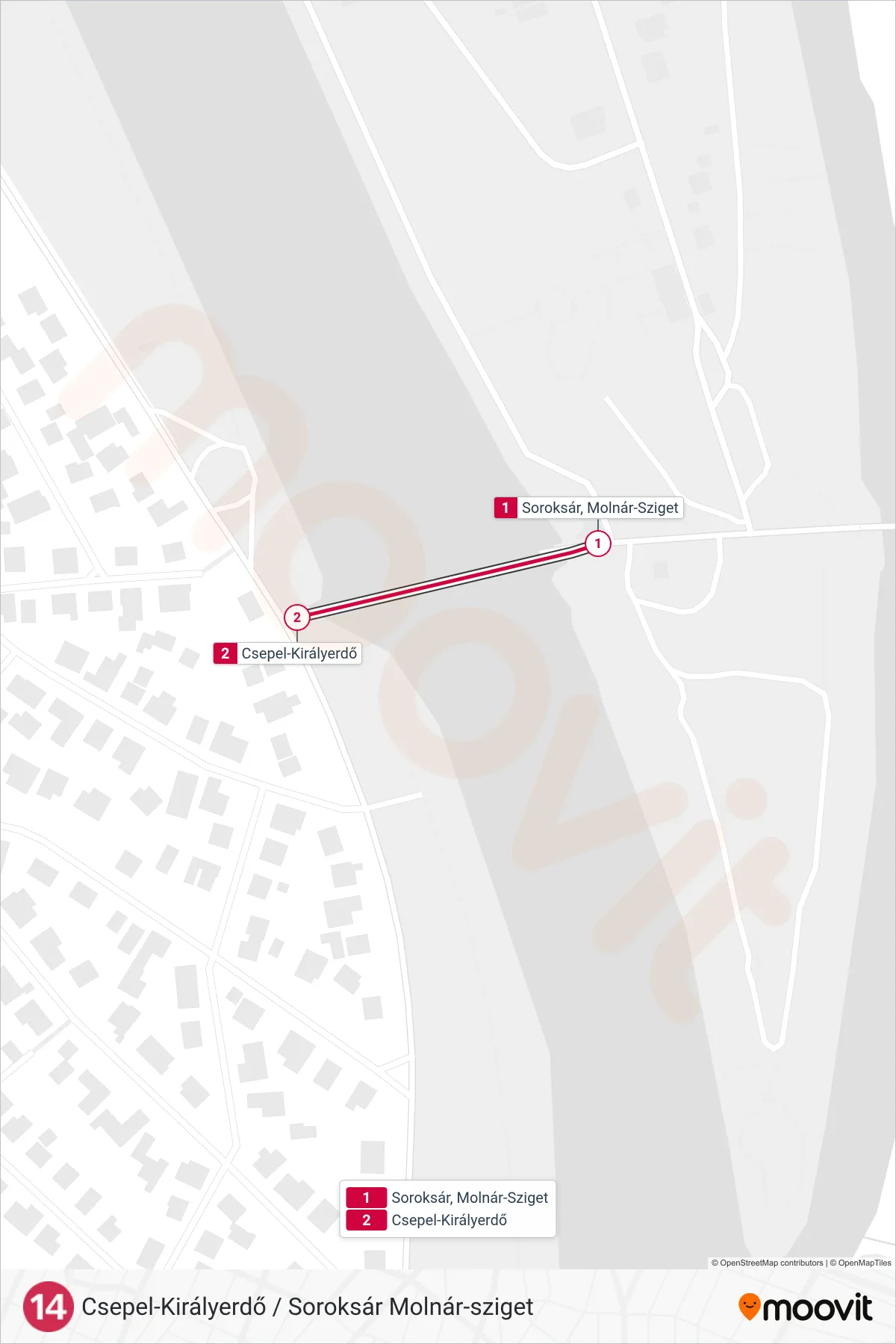 D14 ferry Line (Csepel-Királyerdő) route and stops on a map