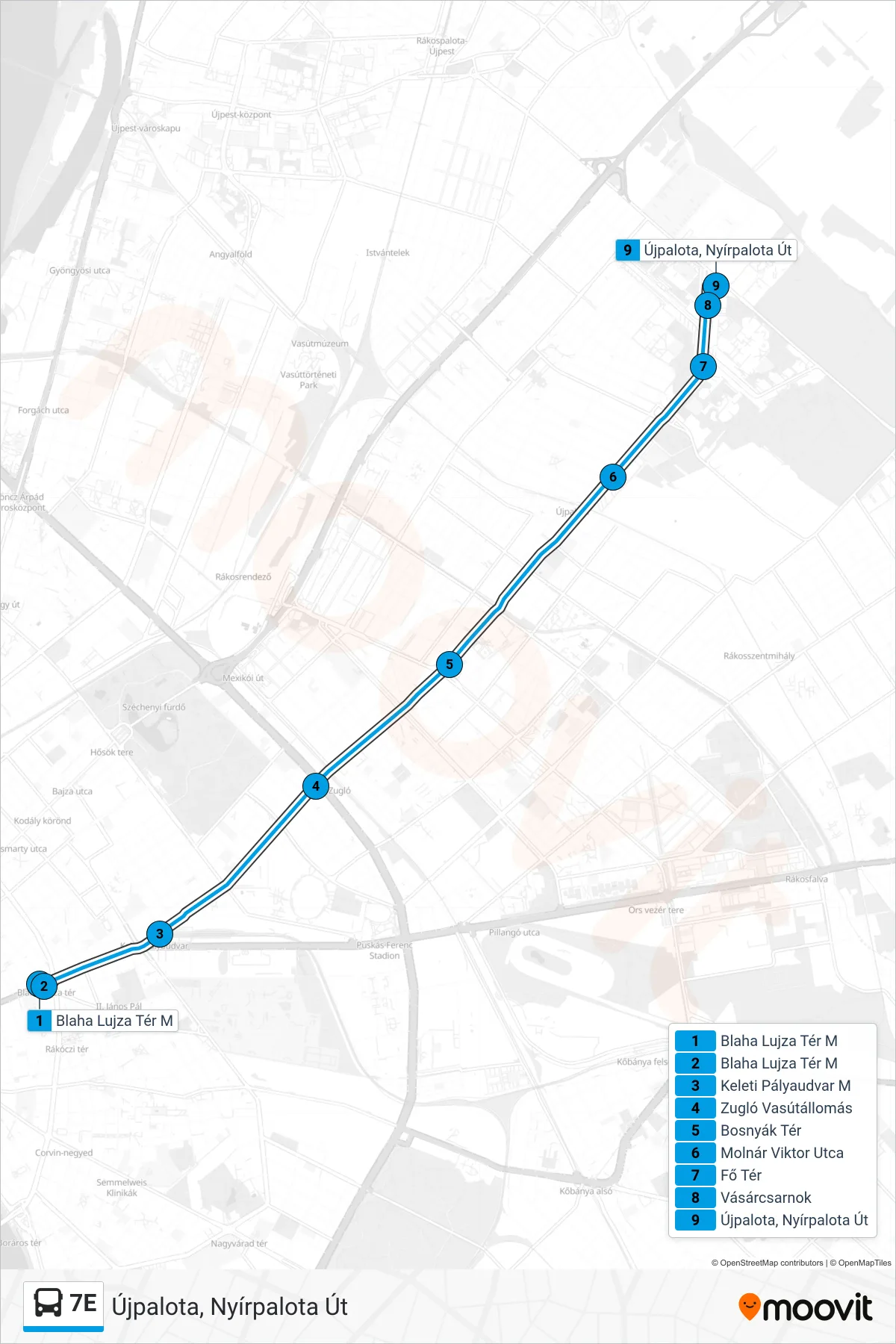 7E bus Line (Újpalota, Nyírpalota Út) route and stops on a map